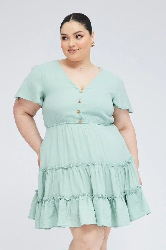 Fitted mini dress with ruching-Green Fit And Flare Dress Short Sleeve V-neck