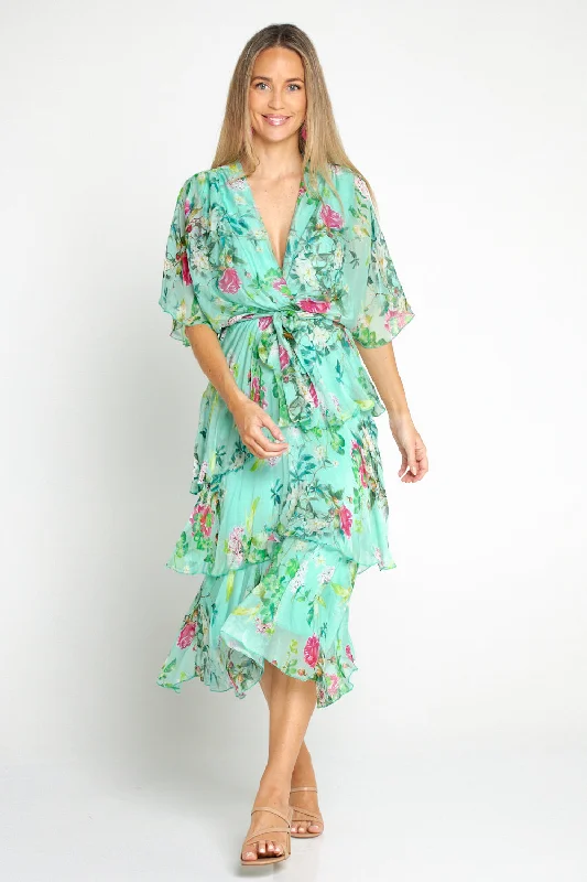 Empire waist midi dress-Loira Silk Dress - Mint Rose Garden