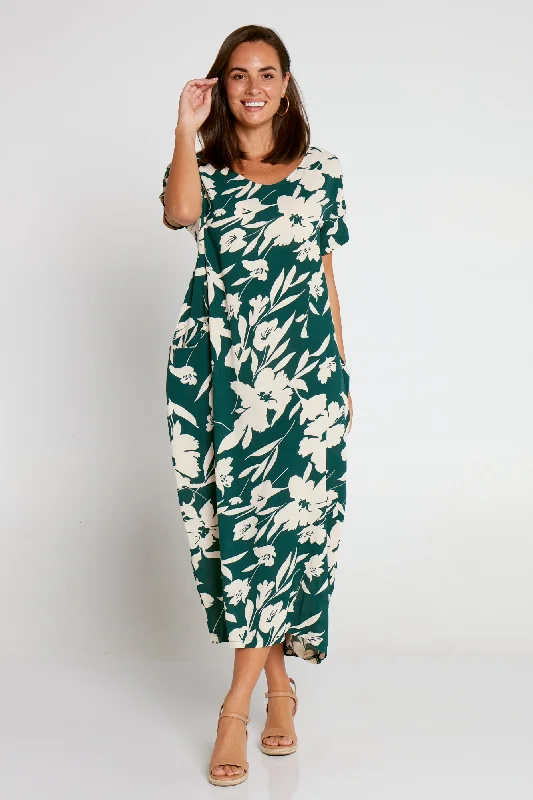 Soft knit midi dress-Liliana Dress - Green/Cream Floral