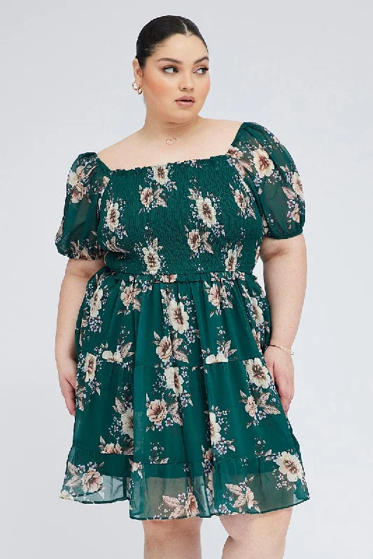 Flirty off-shoulder mini dress-Green Floral Fit And Flare Dress Short Sleeve Shirred