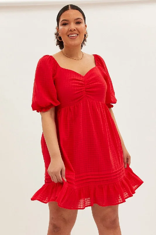 Classic A-line mini dress-Red Fit And Flare Dress Short Sleeve Sweetheart Neck