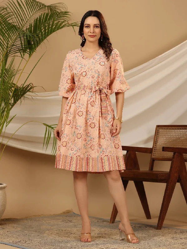 Mini dress with button front-Juniper Peach Floral Printed Pure Cotton Short Dress With Belt & Beads Work