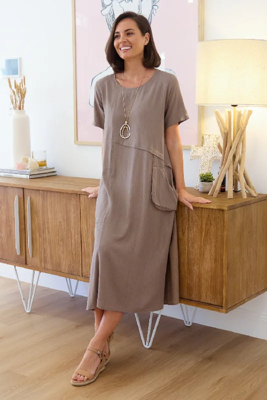 Fringe detail midi dress-Shona Cotton & Linen Dress - Mocha