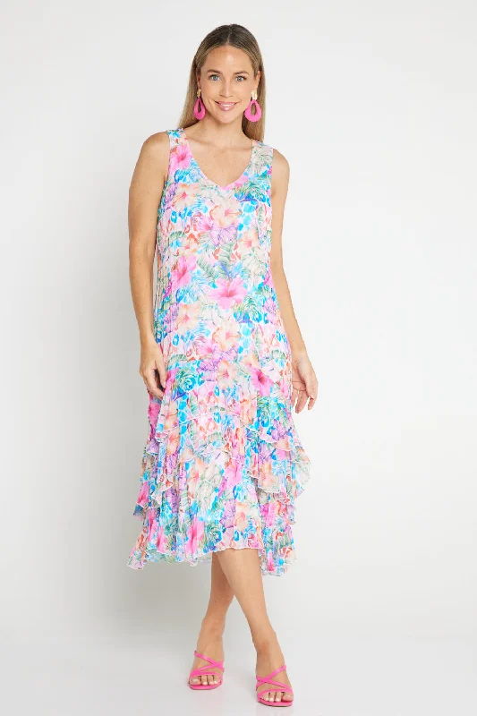 Casual weekend midi dress-Georgette Digital Print Tiered Dress - Sapphire Blooms (Pink Floral)