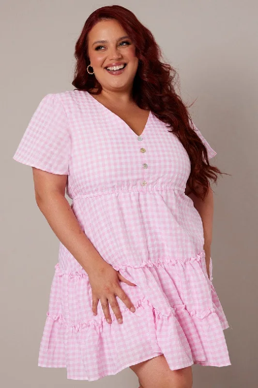 Mini dress with faux wrap-Pink Check Fit And Flare Dress Short Sleeve Tiered