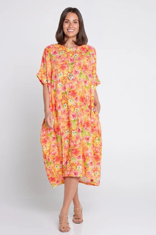 Floral embroidery midi dress-Ayla Cotton Cocoon Dress - Tangerine Rose