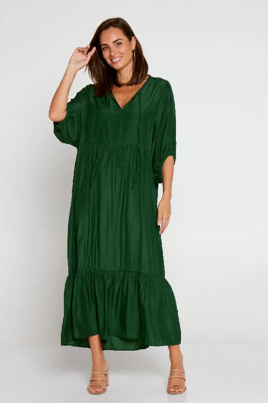 Spaghetti strap midi dress-Kinsley Cotton Blend Dress - Forest Green