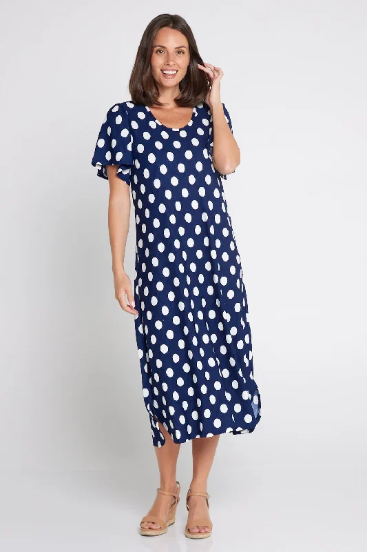 Beaded midi dress-Spotina Dress - Navy/White Spot