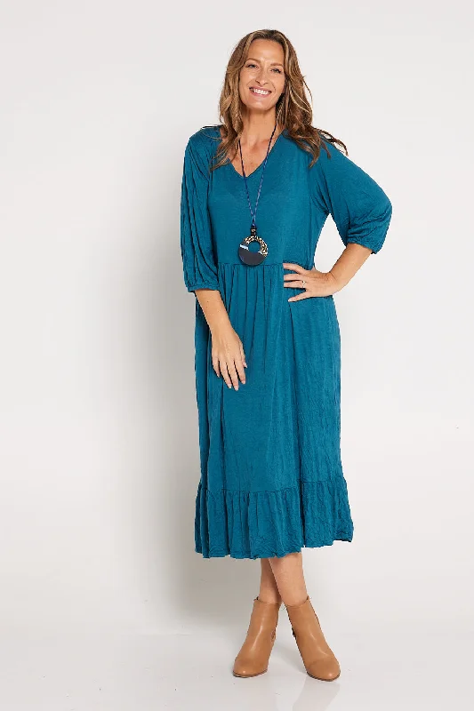 Statement sleeve midi dress-Leith Dress - Teal