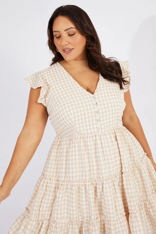 Mini dress with tulip skirt-Beige Check Fit And Flare Dress Short Sleeve