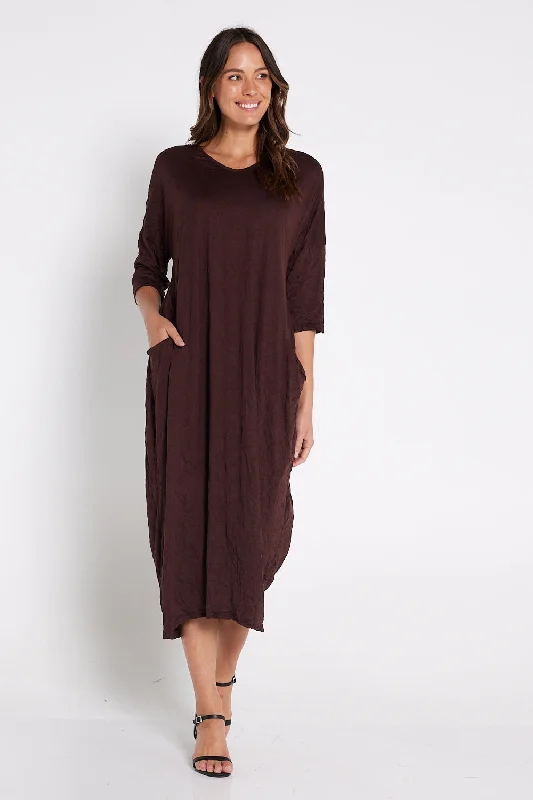 Asymmetrical midi dress design-Elvira Dress - Chocolate