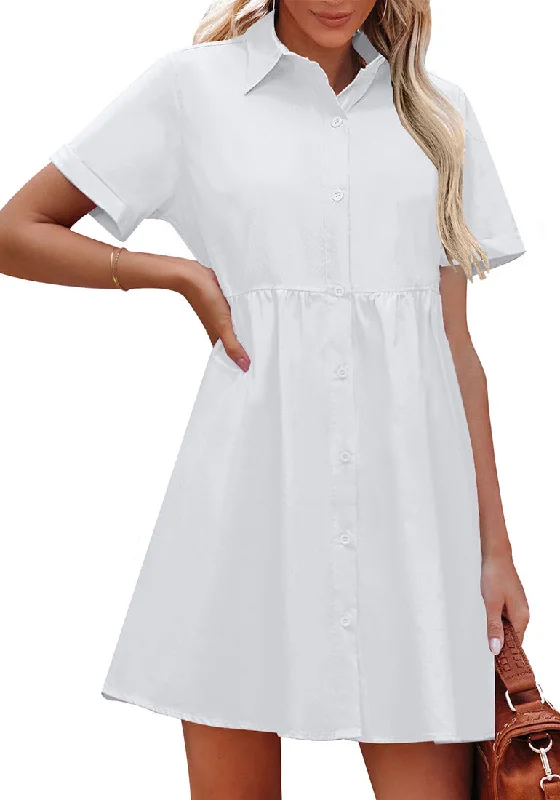 Flowy pleated mini dress-Brilliant White Women's Short Sleeve Button Down Babydoll Dress A-Line Tunic Dress