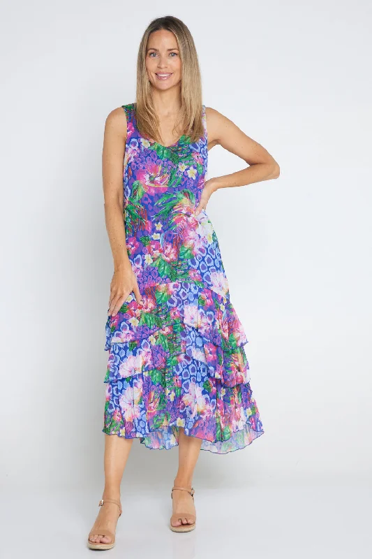 Casual wrap midi dress-Georgette Digital Print Tiered Dress - Sapphire Blooms