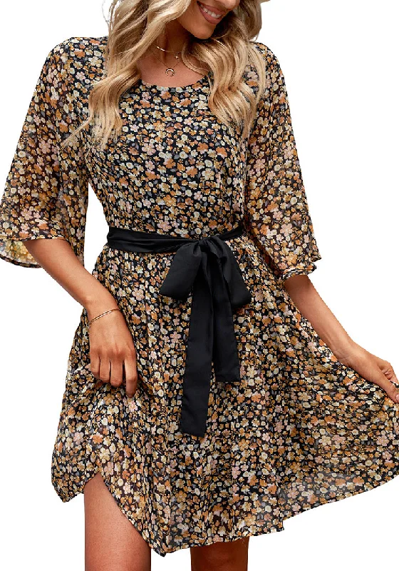 Mini dress with balloon sleeves-Black Floral Floral Babydoll Dress for Women Chiffon Cute Flowy Summer Beach Short Dresses with Pockets