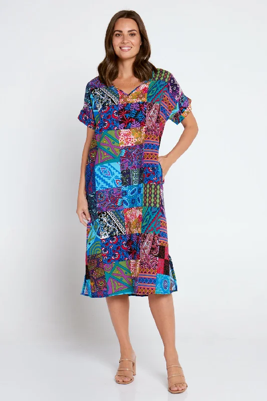 Abstract print midi dress-Esiteri Cotton Dress - Blue Patchwork