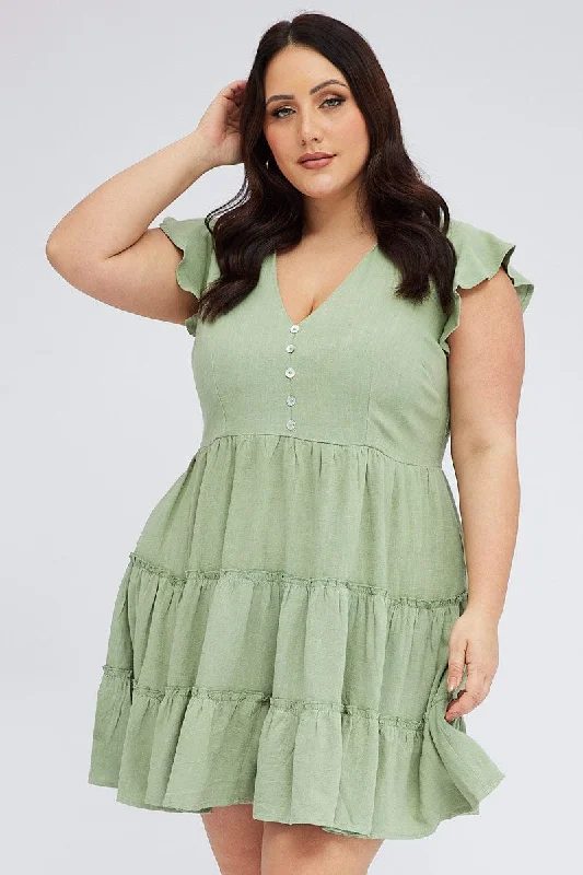 Mini dress with sweetheart neckline-Green Fit And Flare Dress Short Sleeve Tiered