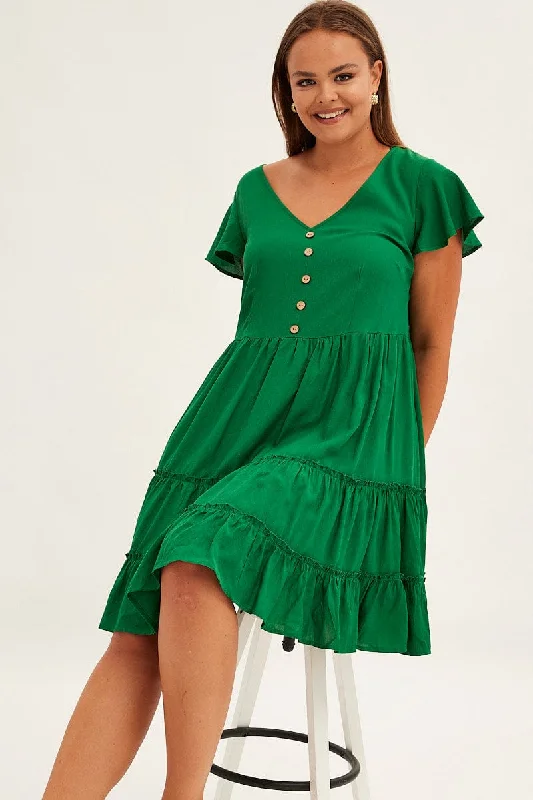 Cowl neck mini dress-Green Fit And Flare Dress Short Sleeve V-neck