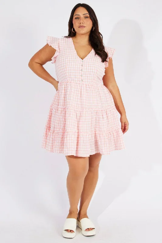 Mini dress with balloon sleeves-Pink Check Fit And Flare Dress Short Sleeve