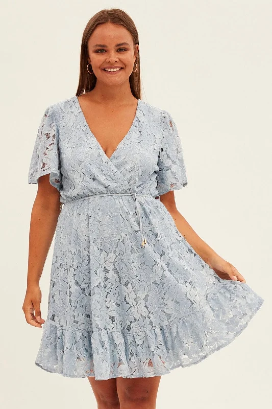 Easy-breezy mini dress-Light Blue Fit And Flare Dress Short Sleeve Wrap Lace