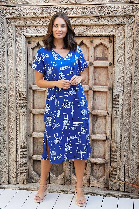 Nautical themed midi dress-Esiteri Linen Dress - Royal Blue Geo