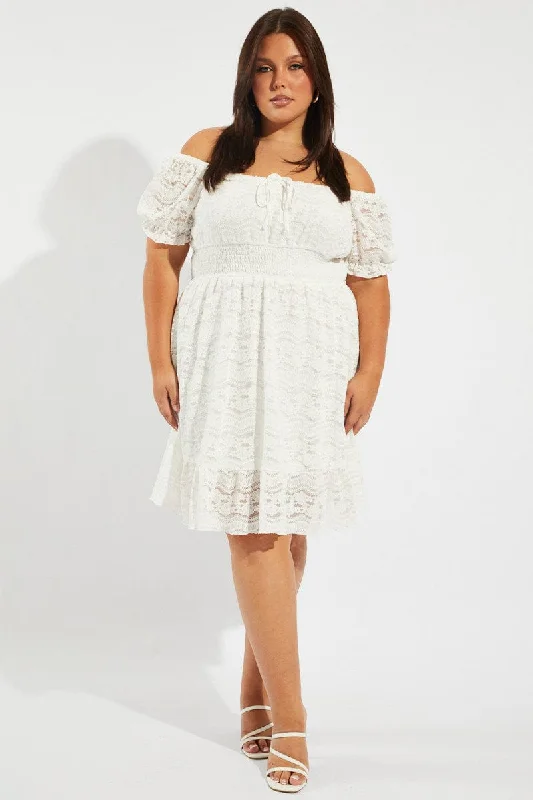 Flowy pleated mini dress-White Fit And Flare Dress Short Sleeve Lace