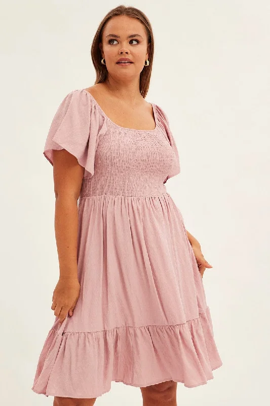 Mini dress with tie waist-Pink Fit And Flare Dress Short Sleeve Shirred