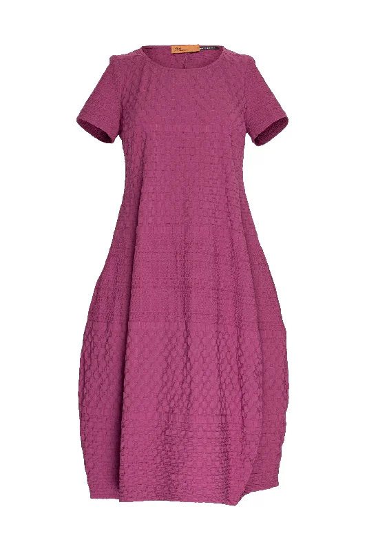 Fitted mini dress with ruching-Short Sleeve Bell Panel Dress - Raspberry Jacquard 8614