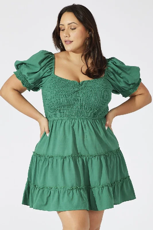 Mini dress with lace trim-Green Fit And Flare Dress Short Sleeve Shirred