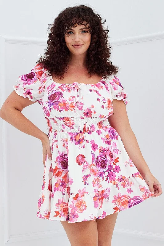 Party-ready mini dress-Pink Floral Fit And Flare Dress Short Sleeve Shirred Waist