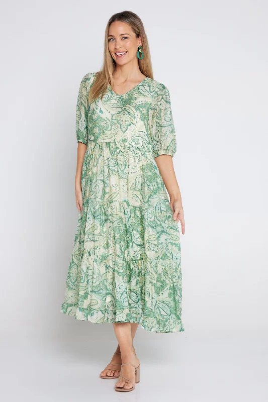 Smocked midi dress-Azura Dress - Green Paisley