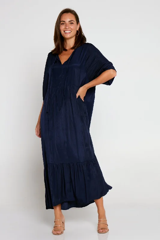 High-neck midi dress-Kinsley Cotton Blend Dress - Navy