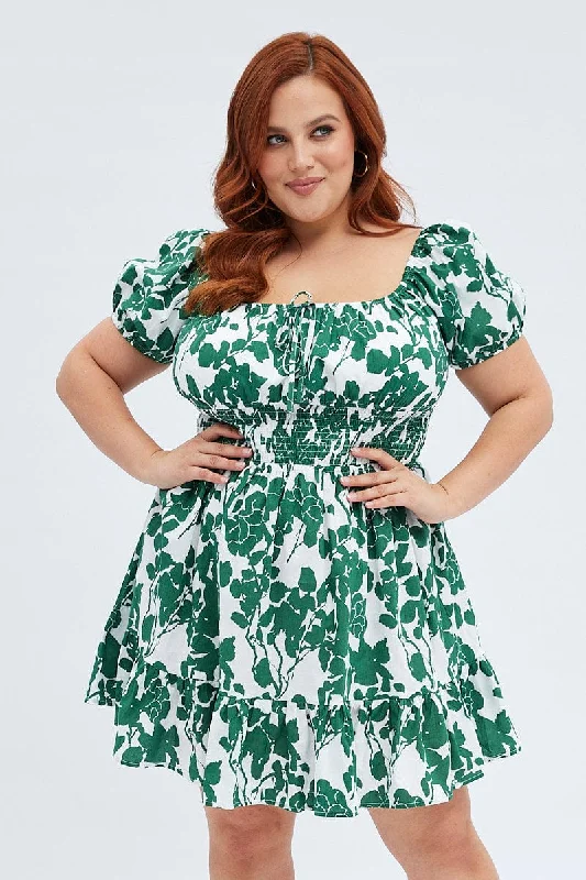 Sweetheart mini dress for date-Green Floral Fit And Flare Dress Short Sleeve