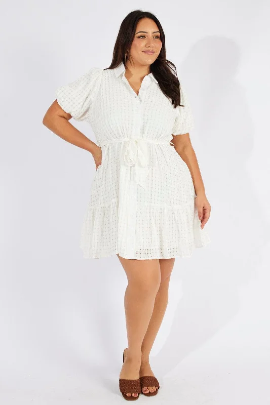 Mini dress with sheer sleeves-White Fit And Flare Dress Short Sleeve