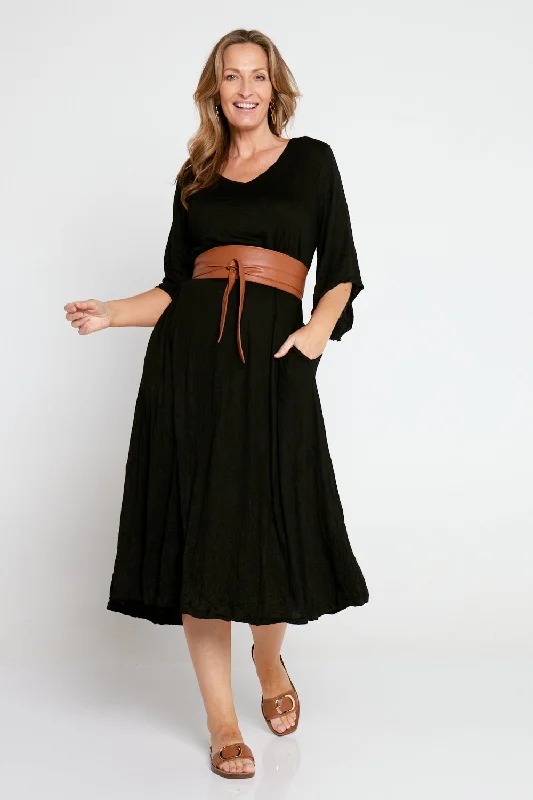 Soft linen midi dress-Emille Dress - Black