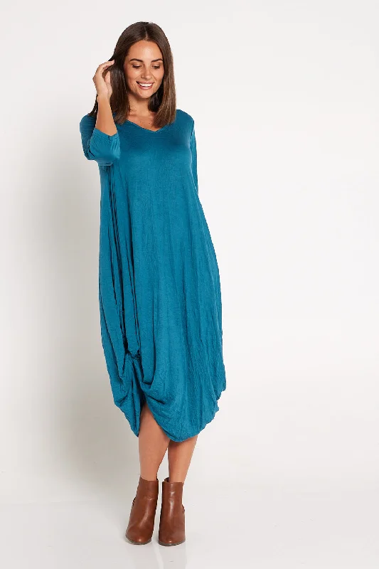 Lace overlay midi dress-Sleeved Zoe Dress - Teal