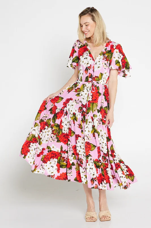 Vintage style midi dress-Briony Dress - Red/Pink Floral