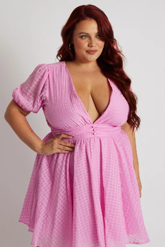 Classic fit mini dress-Pink Fit And Flare Dress Short Sleeve