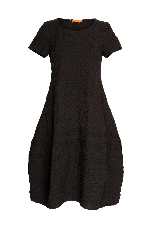 Fashionable mini dress with collar-Short Sleeve Bell Panel Dress - Black Jacquard 9756