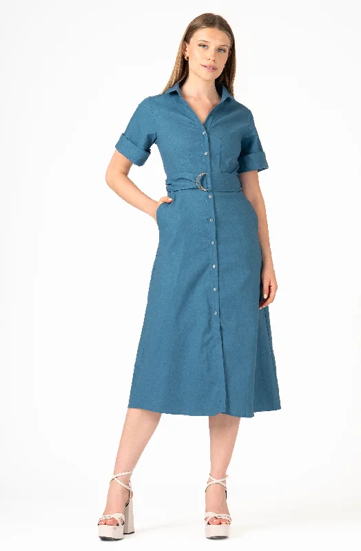 Classic A-line mini dress-Belted Button up Short Sleeve Dress