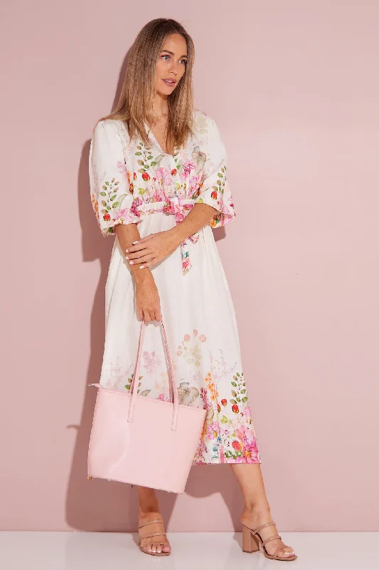 Puffy sleeve midi dress-Springtime Garden Linen Dress - Cream/Floral