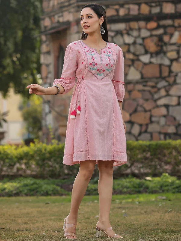 Mini dress with deep v-neck-Juniper Pink Floral Printed Cotton Dobby Flared Short Dress With Thread Embroidery