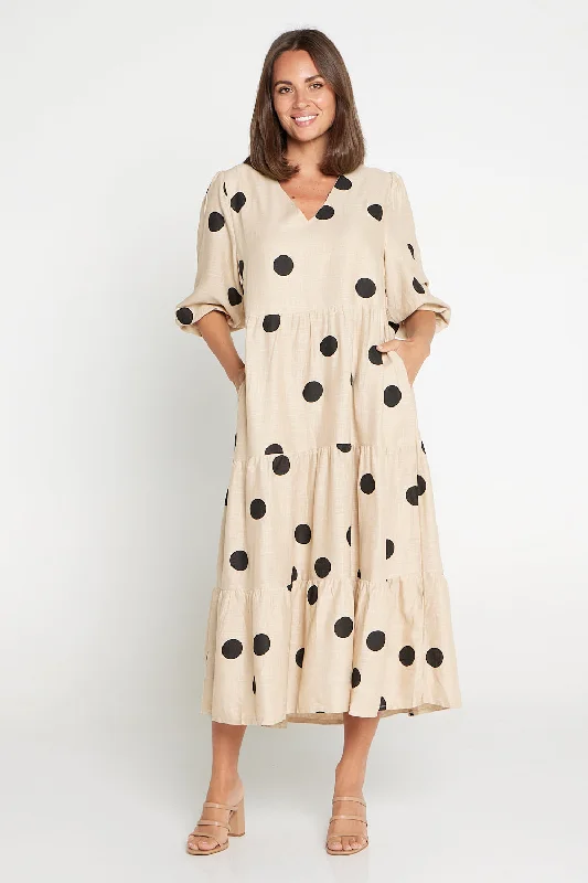 Midi dress with tie back-Eleanor Linen Dress - Beige/Black Spot