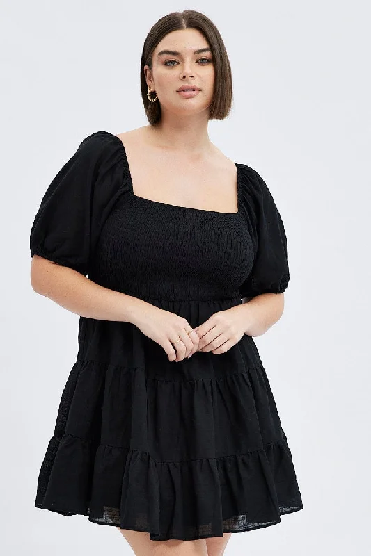 Cozy sweater mini dress-Black Fit And Flare Dress Short Sleeve Shirred