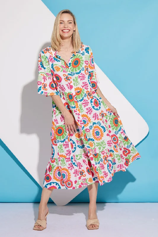 Off-shoulder midi dress-Marina Dress - Summer Mandala Floral