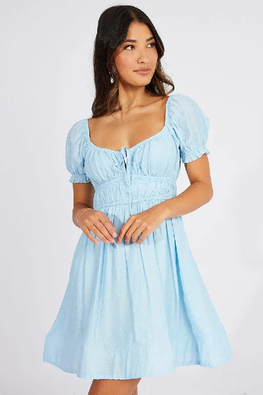 Mini dress with asymmetrical hem-Blue Fit and Flare Dress Short Sleeve Ruched