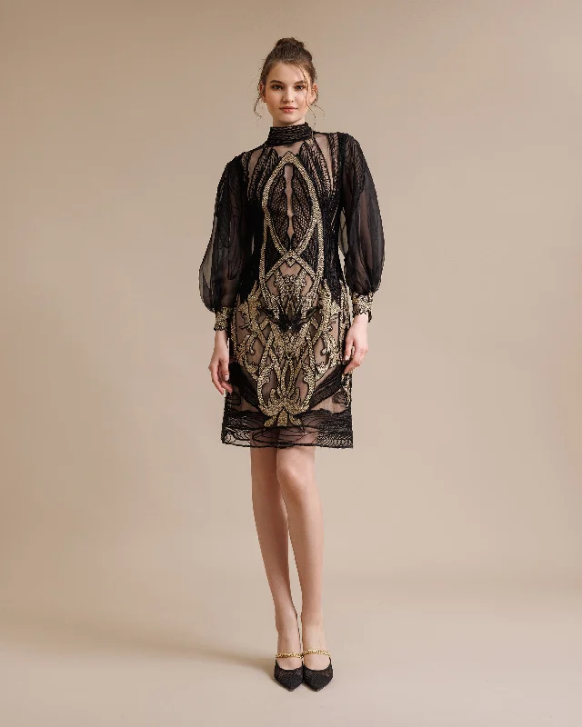 Mini dress with high-low hem-Embroidered Puffed Sleeves Dress