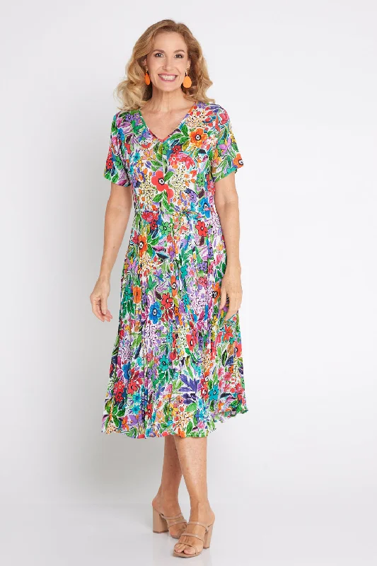 Spaghetti strap mini dress-Short Sleeve Godet Dress - Welwyn Floral