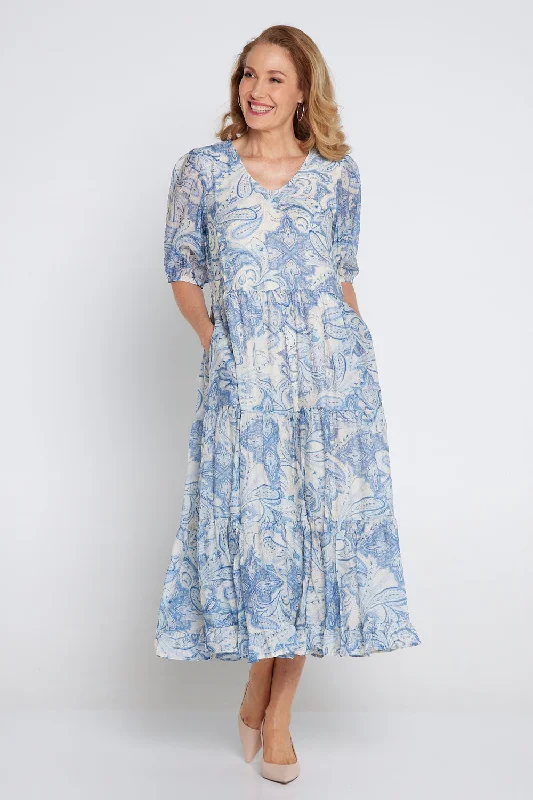 Shimmer finish midi dress-Azura Dress - Blue Paisley