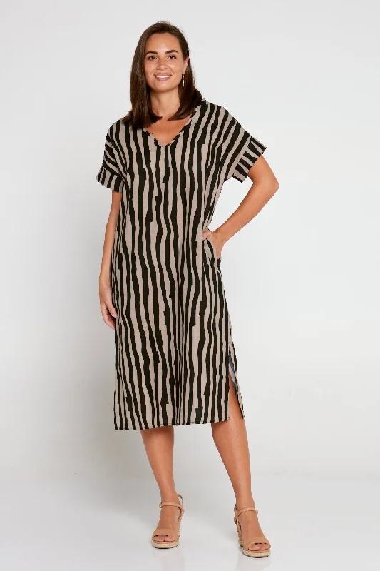 Sophisticated midi dress-Esiteri Cotton Dress - Brown/Black Stripe