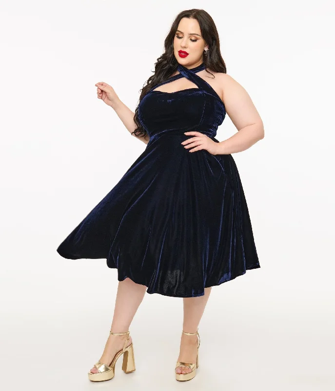 Statement mini dress with feathers-Unique Vintage Plus Size 1950s Navy Velvet Criss Cross Halter Rita Flare Dress